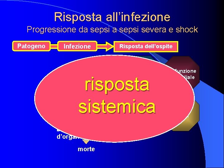 Risposta all’infezione Progressione da sepsi severa e shock Patogeno Infezione Risposta dell’ospite Infiammaz. risposta