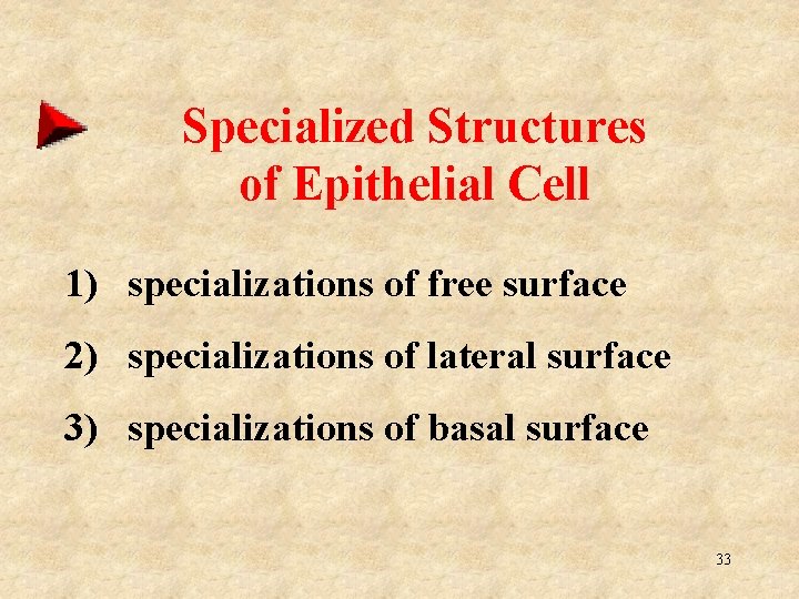 Specialized Structures of Epithelial Cell 1) specializations of free surface 2) specializations of lateral