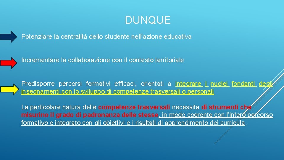 DUNQUE Potenziare la centralità dello studente nell’azione educativa Incrementare la collaborazione con il contesto DUNQUE Potenziare la centralità dello studente nell’azione educativa Incrementare la collaborazione con il contesto