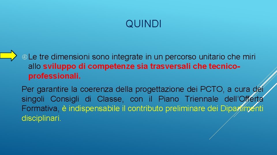 QUINDI Le tre dimensioni sono integrate in un percorso unitario che miri allo sviluppo QUINDI Le tre dimensioni sono integrate in un percorso unitario che miri allo sviluppo