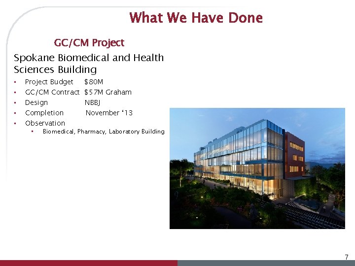 What We Have Done GC/CM Project Spokane Biomedical and Health Sciences Building • •