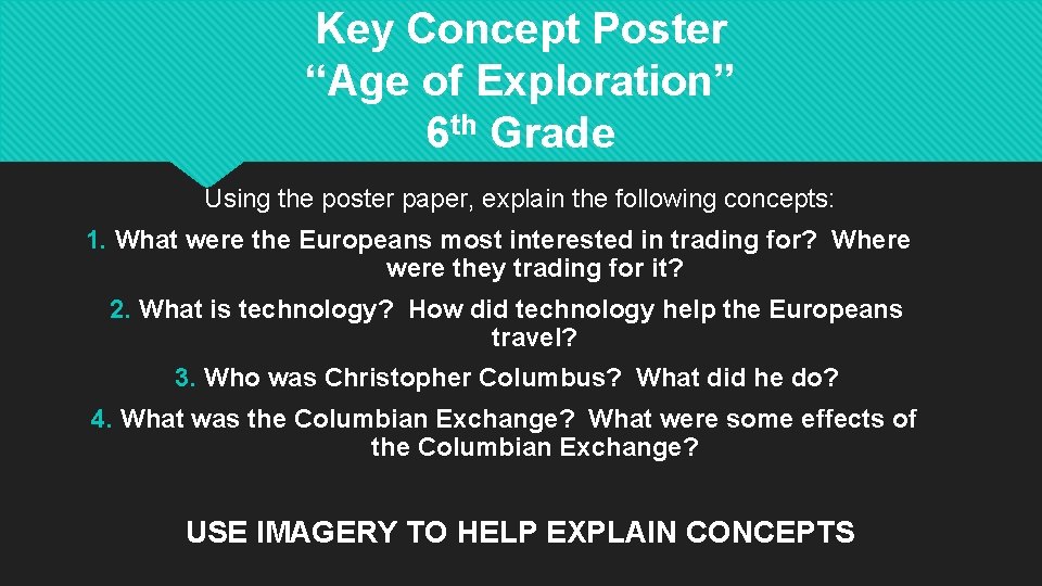 Key Concept Poster “Age of Exploration” 6 th Grade Using the poster paper, explain