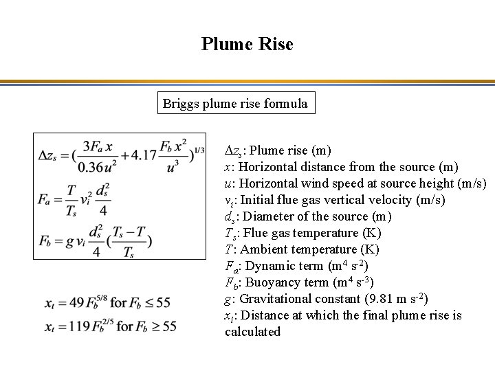 Plume Rise Briggs plume rise formula Dzs: Plume rise (m) x: Horizontal distance from