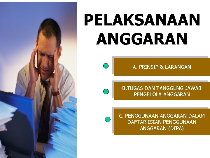 PELAKSANAAN ANGGARAN A. PRINSIP & LARANGAN B. TUGAS DAN TANGGUNG JAWAB PENGELOLA ANGGARAN C.