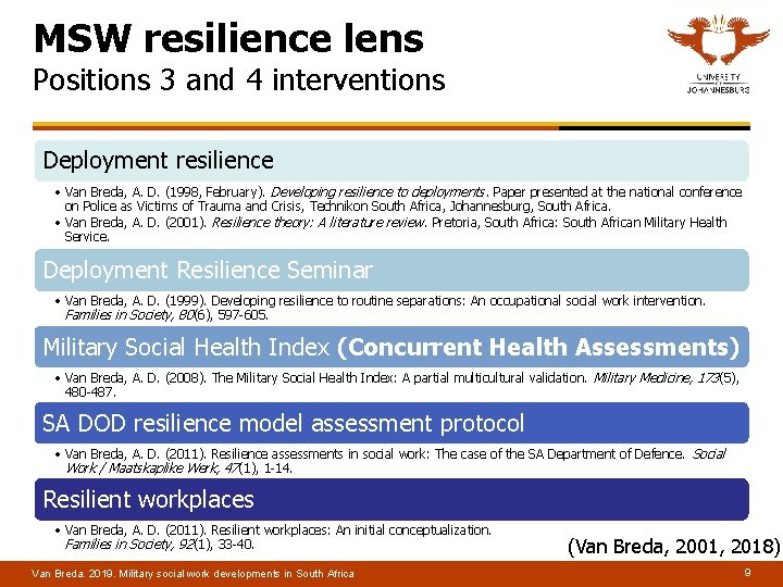 MSW resilience lens Positions 3 and 4 interventions Deployment resilience • Van Breda, A.