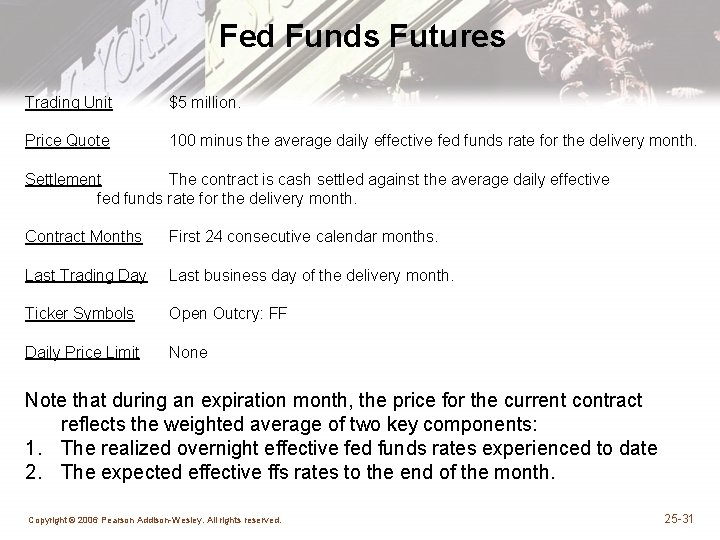 Fed Funds Futures Trading Unit $5 million. Price Quote 100 minus the average daily