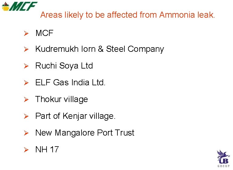 Areas likely to be affected from Ammonia leak. MCF Kudremukh Iorn & Steel Company Areas likely to be affected from Ammonia leak. MCF Kudremukh Iorn & Steel Company