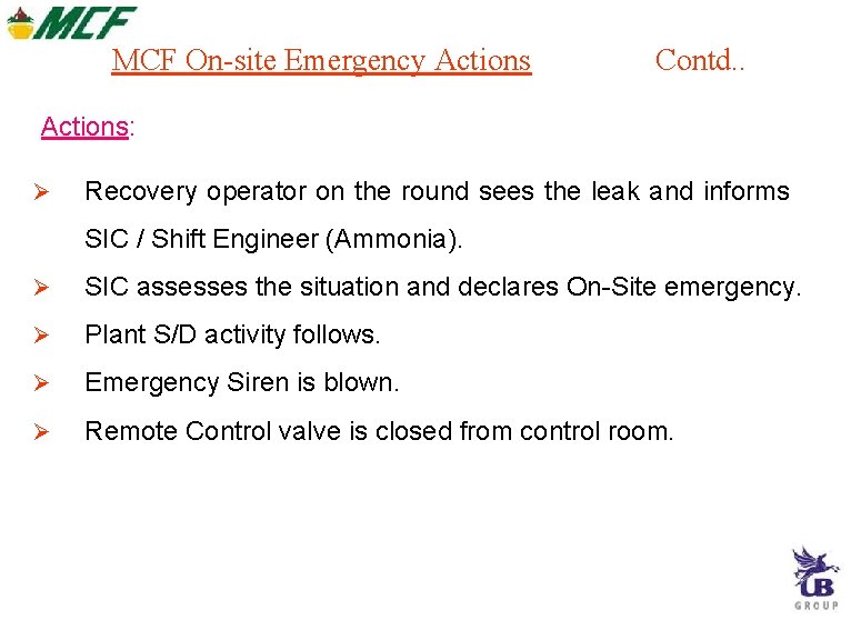MCF On-site Emergency Actions Contd. . Actions: Recovery operator on the round sees the MCF On-site Emergency Actions Contd. . Actions: Recovery operator on the round sees the