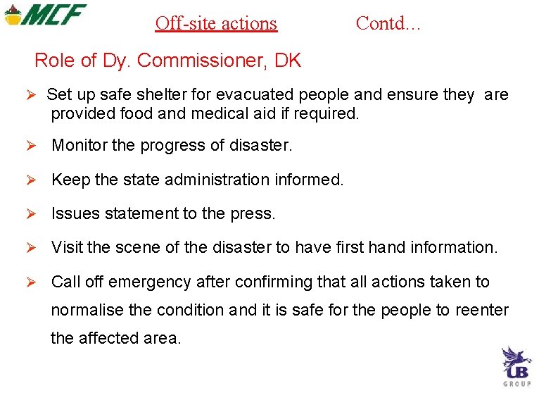 Off-site actions Contd… Role of Dy. Commissioner, DK Set up safe shelter for evacuated Off-site actions Contd… Role of Dy. Commissioner, DK Set up safe shelter for evacuated