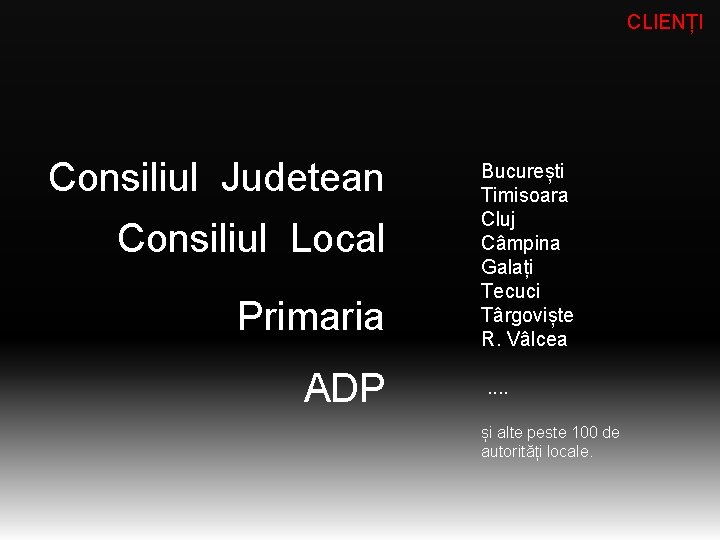 CLIENȚI Consiliul Judetean Consiliul Local Primaria ADP București Timisoara Cluj Câmpina Galați Tecuci Târgoviște