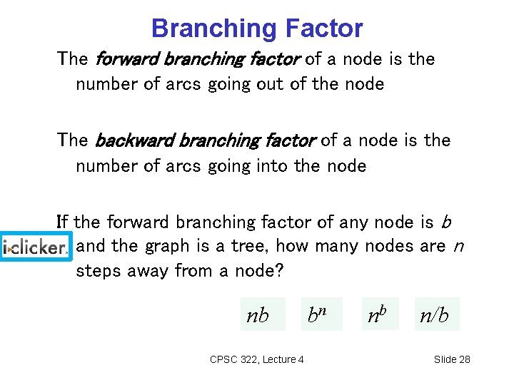 Branching Factor The forward branching factor of a node is the number of arcs