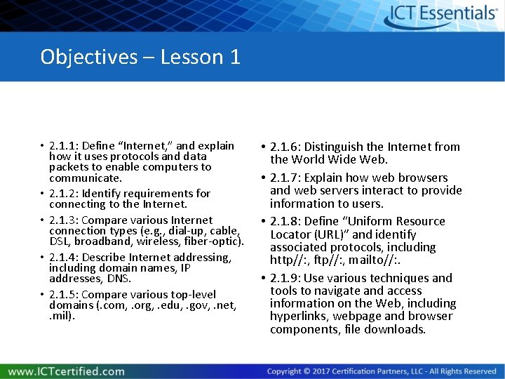 Objectives – Lesson 1 • 2. 1. 1: Define “Internet, ” and explain how