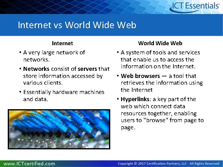 Internet vs World Wide Web Internet World Wide Web • A very large network
