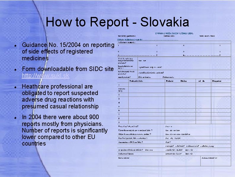 How to Report - Slovakia Guidance No. 15/2004 on reporting of side effects of