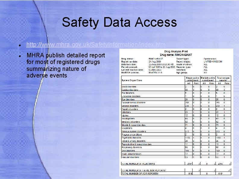 Safety Data Access http: //www. mhra. gov. uk/Safetyinformation/index. htm MHRA publish detailed report for