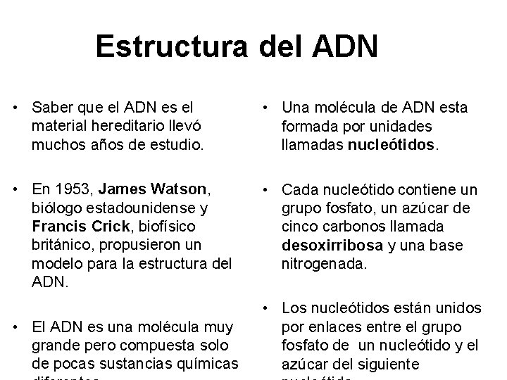 Estructura del ADN • Saber que el ADN es el material hereditario llevó muchos