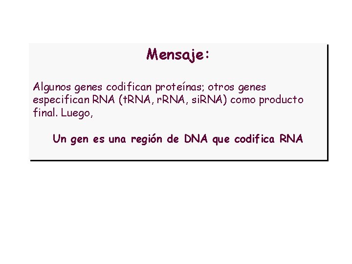 Mensaje: Algunos genes codifican proteínas; otros genes especifican RNA (t. RNA, r. RNA, si.