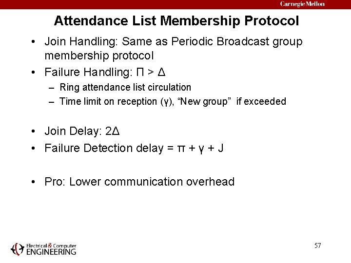 Attendance List Membership Protocol • Join Handling: Same as Periodic Broadcast group membership protocol