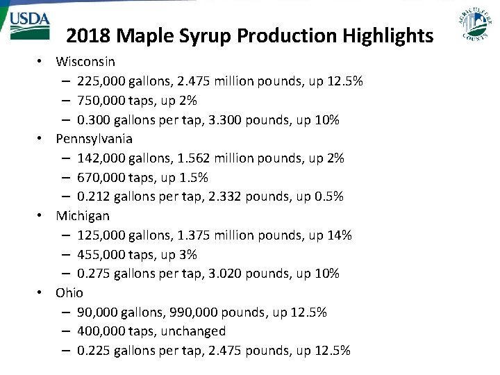 2018 Maple Syrup Production Highlights • Wisconsin – 225, 000 gallons, 2. 475 million 2018 Maple Syrup Production Highlights • Wisconsin – 225, 000 gallons, 2. 475 million