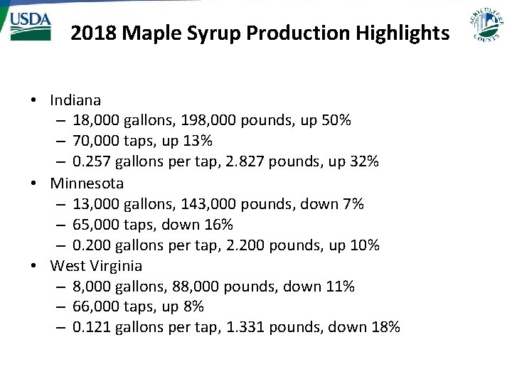 2018 Maple Syrup Production Highlights • Indiana – 18, 000 gallons, 198, 000 pounds, 2018 Maple Syrup Production Highlights • Indiana – 18, 000 gallons, 198, 000 pounds,