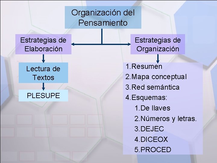 Organización del Pensamiento Estrategias de Elaboración Lectura de Textos PLESUPE Estrategias de Organización 1.