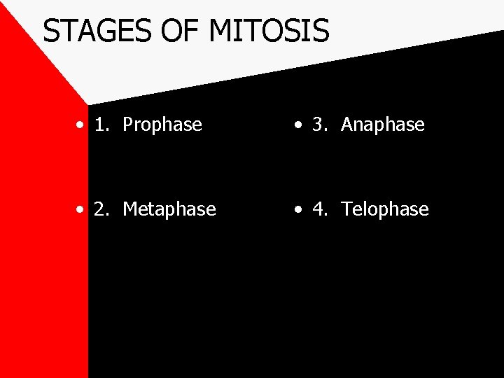 STAGES OF MITOSIS • 1. Prophase • 3. Anaphase • 2. Metaphase • 4.