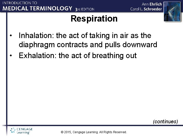 Respiration • Inhalation: the act of taking in air as the diaphragm contracts and