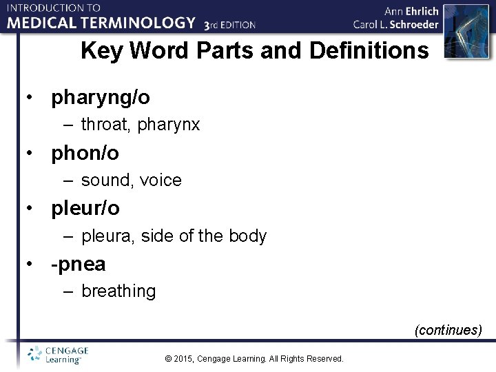 Key Word Parts and Definitions • pharyng/o – throat, pharynx • phon/o – sound,