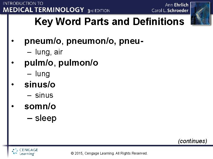 Key Word Parts and Definitions • pneum/o, pneumon/o, pneu– lung, air • pulm/o, pulmon/o