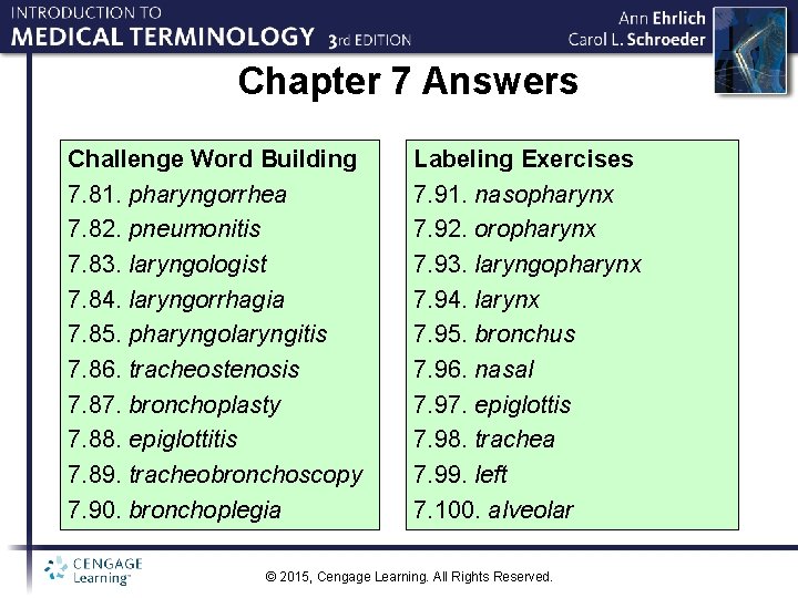 Chapter 7 Answers Challenge Word Building 7. 81. pharyngorrhea 7. 82. pneumonitis 7. 83.