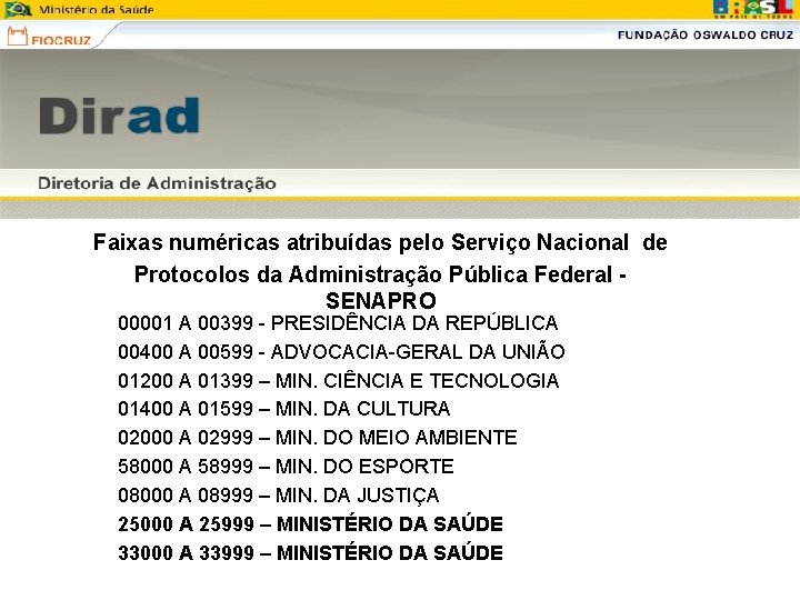 Faixas numéricas atribuídas pelo Serviço Nacional de Protocolos da Administração Pública Federal - SENAPRO Faixas numéricas atribuídas pelo Serviço Nacional de Protocolos da Administração Pública Federal - SENAPRO