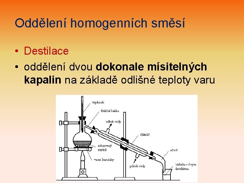 Oddělení homogenních směsí • Destilace • oddělení dvou dokonale mísitelných kapalin na základě odlišné