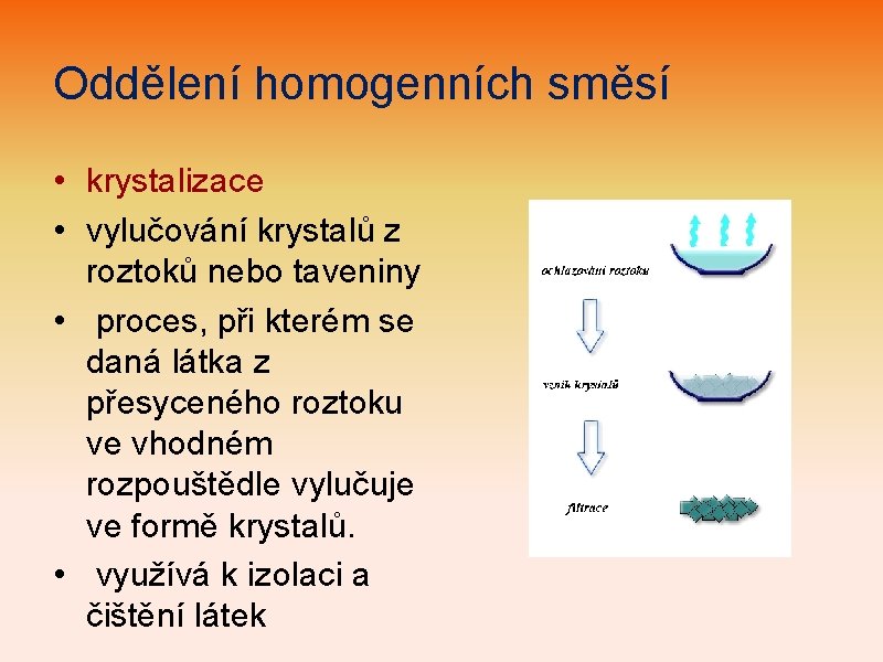 Oddělení homogenních směsí • krystalizace • vylučování krystalů z roztoků nebo taveniny • proces,