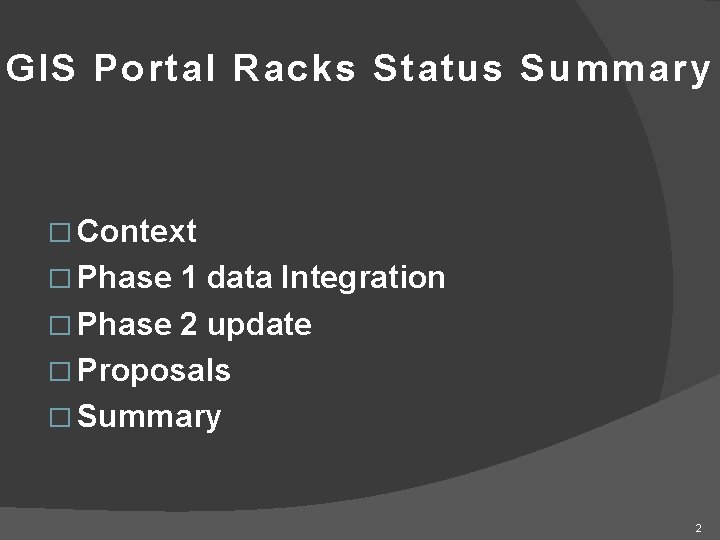 GIS Portal Racks Status Summary � Context � Phase 1 data Integration � Phase