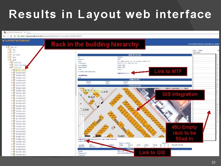 Results in Layout web interface Rack in the building hierarchy Link to MTF GIS
