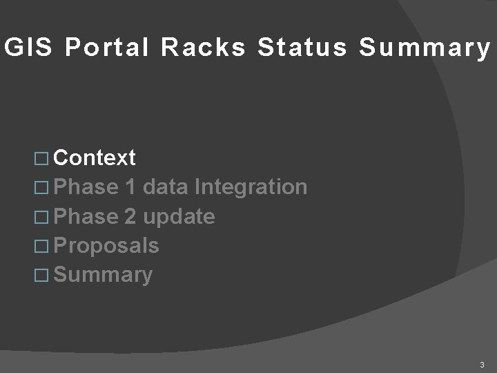 GIS Portal Racks Status Summary � Context � Phase 1 data Integration � Phase