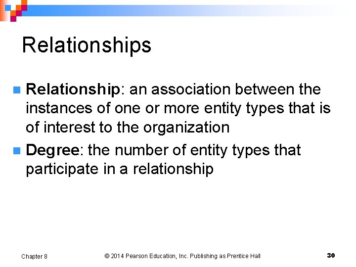 Relationships Relationship: an association between the instances of one or more entity types that