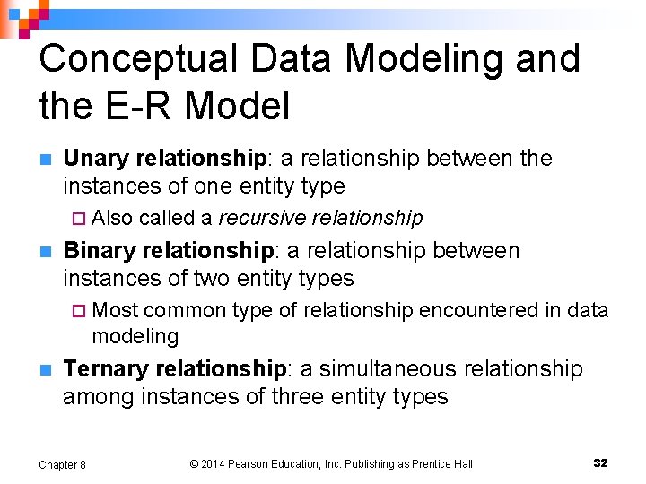 Conceptual Data Modeling and the E-R Model n Unary relationship: a relationship between the