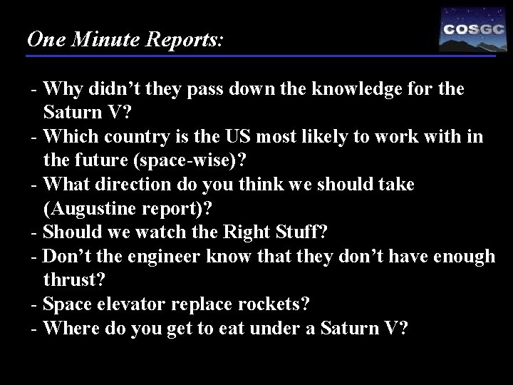 One Minute Reports: - Why didn’t they pass down the knowledge for the Saturn