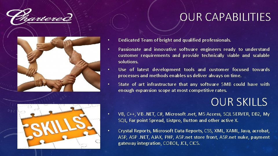 OUR CAPABILITIES • Dedicated Team of bright and qualified professionals. • Passionate and innovative