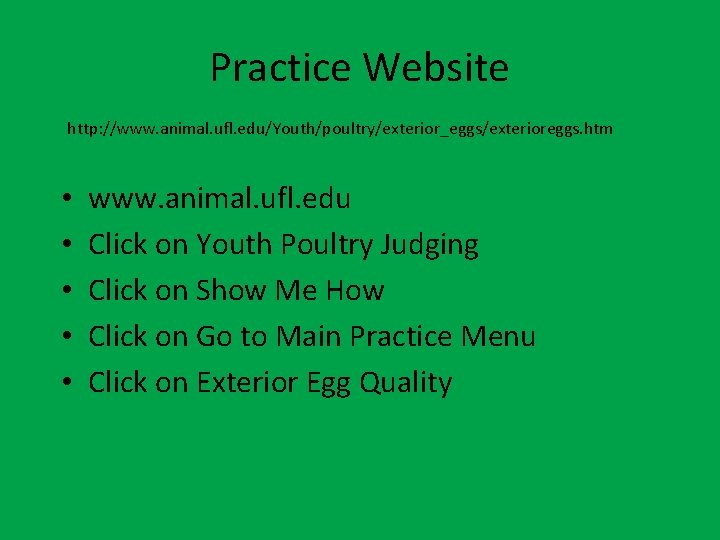 Practice Website http: //www. animal. ufl. edu/Youth/poultry/exterior_eggs/exterioreggs. htm • • • www. animal. ufl.