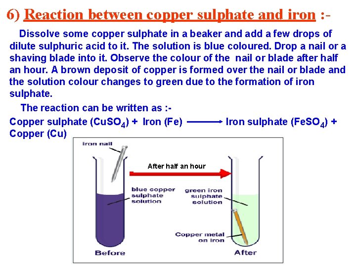 6) Reaction between copper sulphate and iron : Dissolve some copper sulphate in a