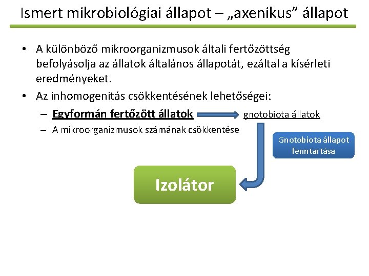 Ismert mikrobiológiai állapot – „axenikus” állapot • A különböző mikroorganizmusok általi fertőzöttség befolyásolja az