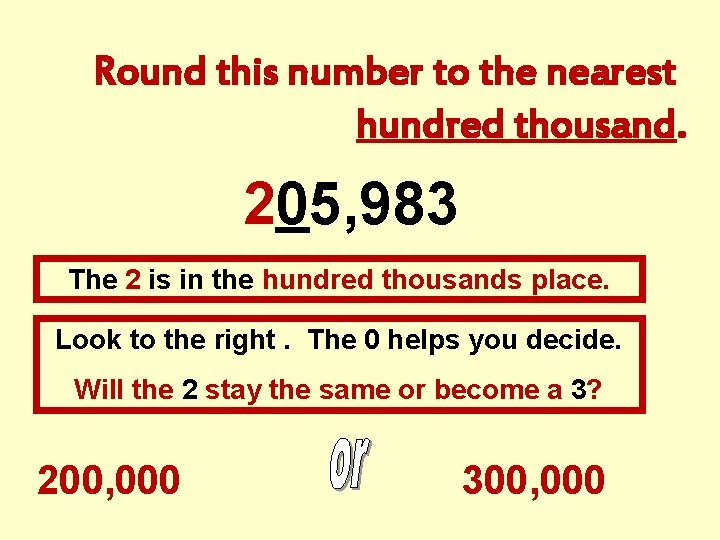 Round this number to the nearest hundred thousand. 205, 983 The 2 is in