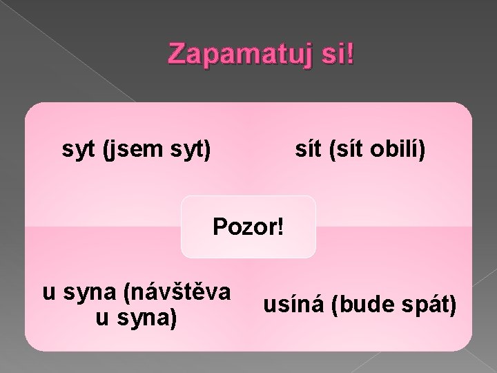 Zapamatuj si! sít (sít obilí) syt (jsem syt) Pozor! u syna (návštěva u syna)