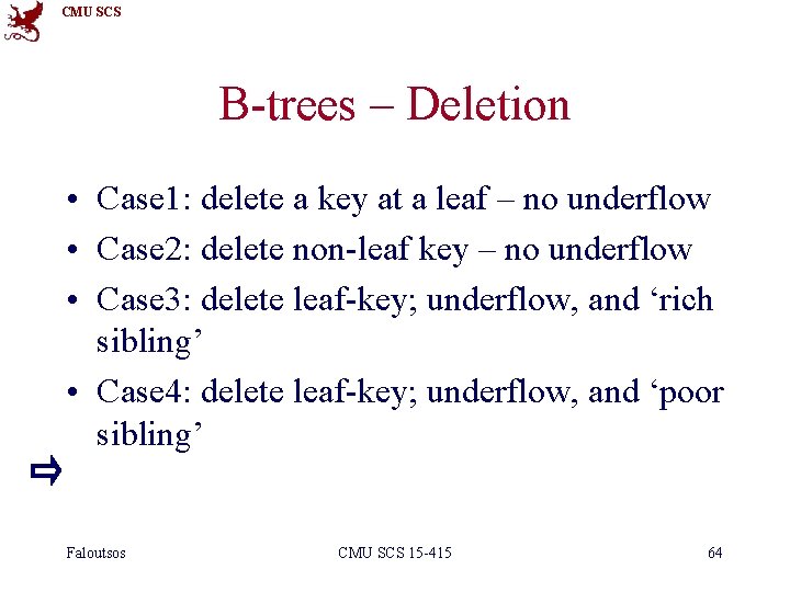 CMU SCS B-trees – Deletion • Case 1: delete a key at a leaf