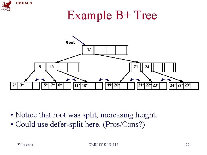 CMU SCS Example B+ Tree Root 17 5 2* 3* 21 13 5* 7*