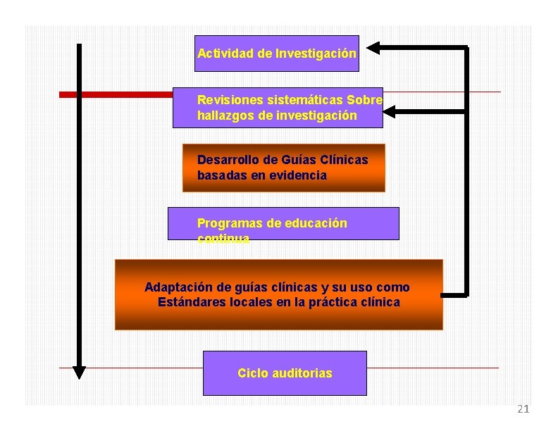 Actividad de Investigación Revisiones sistemáticas Sobre hallazgos de investigación Desarrollo de Guías Clínicas basadas