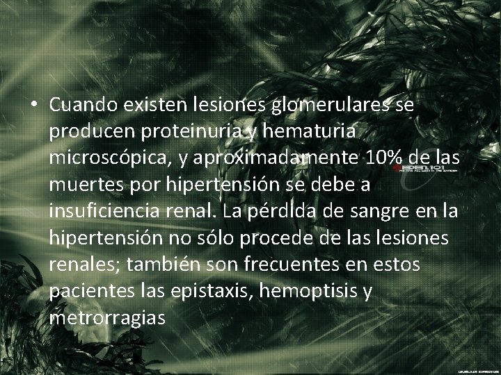  • Cuando existen lesiones glomerulares se producen proteinuria y hematuria microscópica, y aproximadamente