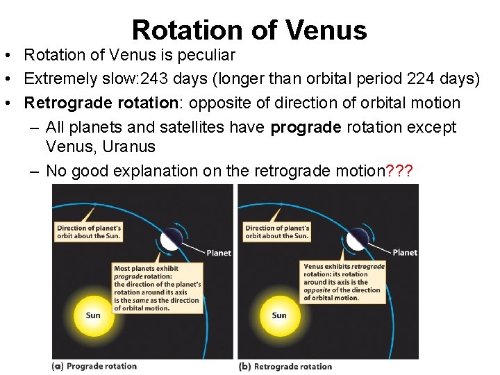 Rotation of Venus • Rotation of Venus is peculiar • Extremely slow: 243 days